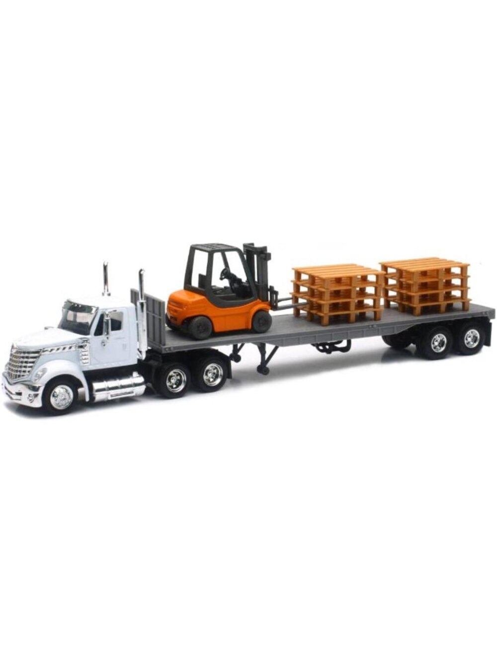 1:43 Long Haul Trucker Toy with Flatbed, Forklift & Pallets - Fun for Kids!